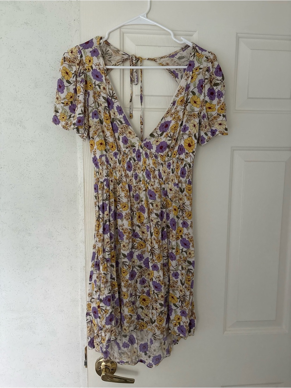 Francesca’s Floral V-Neck Open Back Summer Dress in Purple and Yellow